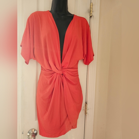Red Plunging V-Neck Twisted Mini Party Dress with High Slit - Medium - Picture 1 of 7